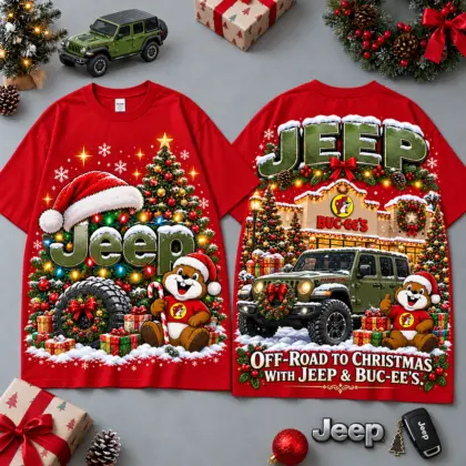 Buc-ee's Jeep Christmas Cabin Car Print T-Shirt For Festive Winter Road Trips NDN Red