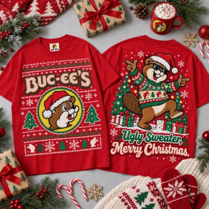 Buc-ee's Holly Jolly Merry Christmas Sweater Design All Over Print T-Shirt For Festive Holiday Road Trips NDN Red