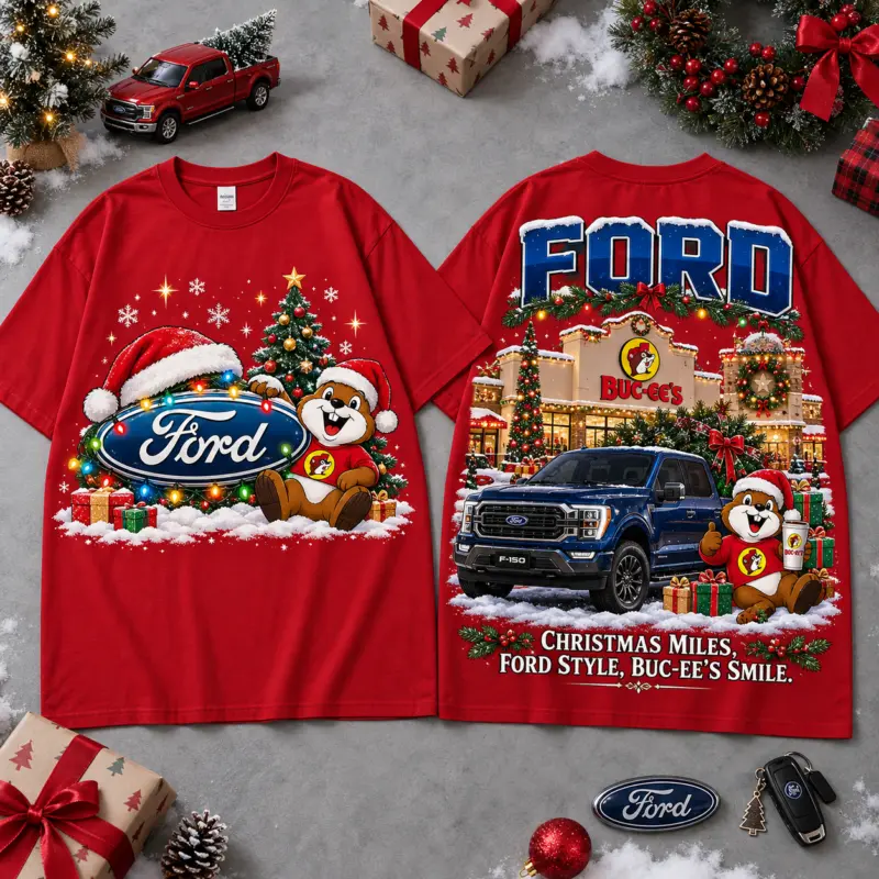 Musical Memories Buc-ee’s Ford Christmas Cabin Car Print T-Shirt For Festive Winter Road ...