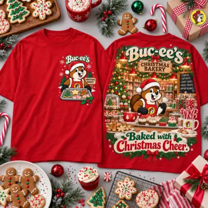 Buc-ee's Baked With Christmas Cheer Bakery Shop All Over Print T-Shirt For Festive Holiday Road Trips NDN Red