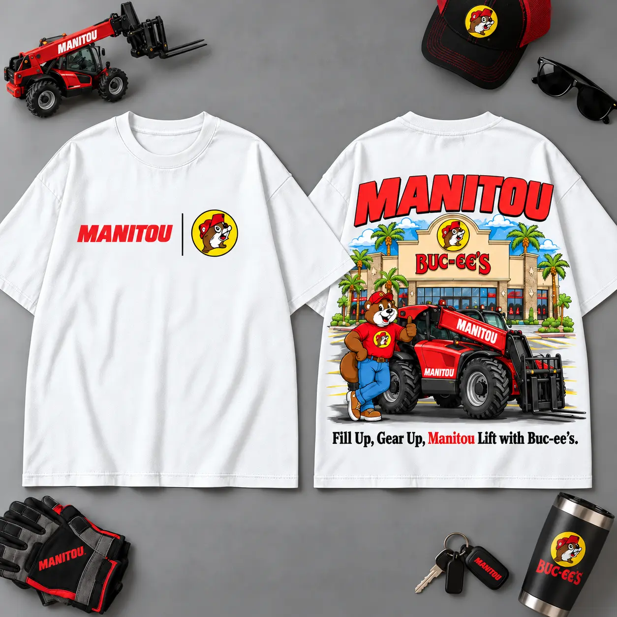 Buc-ee's MANITOU Construction Collage 3D T-Shirt For Heavy Equipment Road Trip Collectors NDN White
