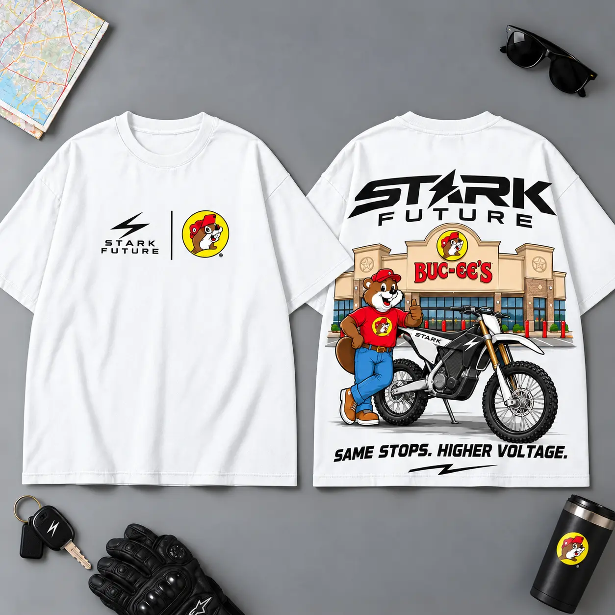 Buc-ee's Stark Future Same Stops Higher Voltage 3D T-Shirt For Motorcycle Adventure Riders NDN White