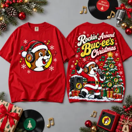 Buc-ee's Rockin Around Christmas Record Player Scene All Over Print T-Shirt For Festive Holiday Road Trips NDN Red