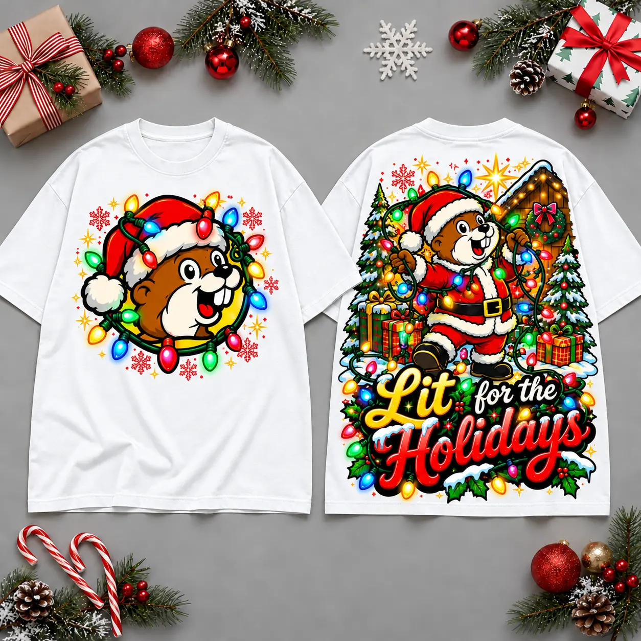 Buc-ee's Lit For The Holidays Christmas Tree Lights All Over Print T-Shirt For Festive Holiday Road Trips NDN White