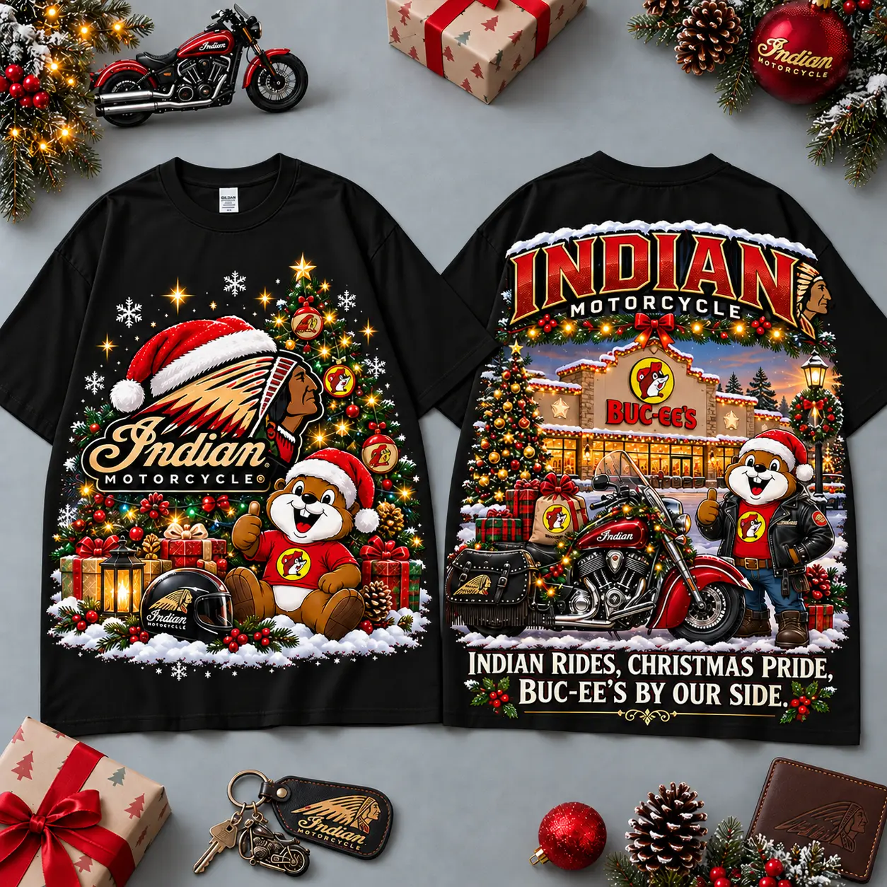 Buc-ee's Indian Motorcycle Christmas Cabin Motorcycle Print T-Shirt For Festive Winter Road Trips NDN Black
