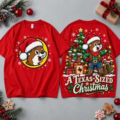 Buc-ee's Texas Sized Christmas Tree And Gifts All Over Print T-Shirt For Festive Holiday Road Trips NDN Red