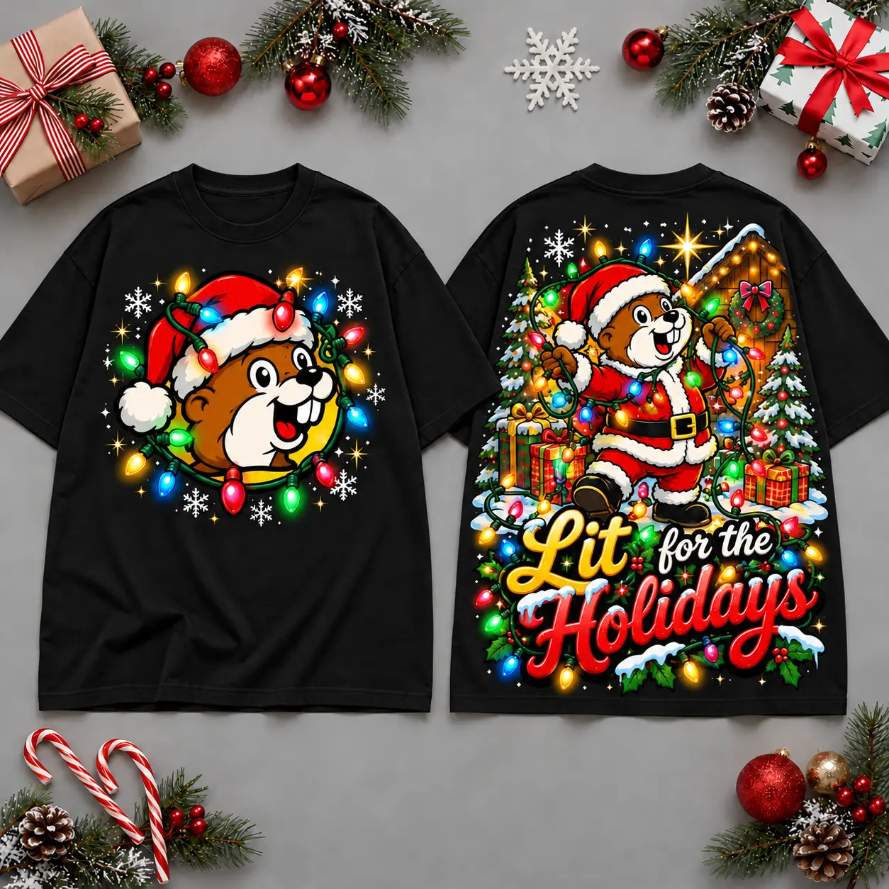 Buc-ee's Lit For The Holidays Christmas Tree Lights All Over Print T-Shirt For Festive Holiday Road Trips NDN Black