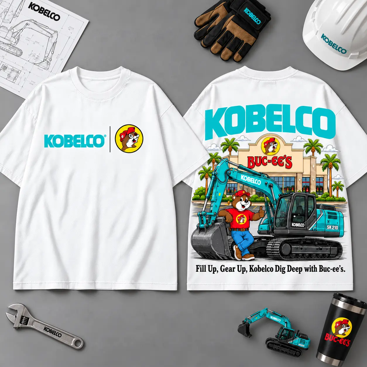 Buc-ee's KOBELCO Construction Collage 3D T-Shirt For Heavy Equipment Road Trip Collectors NDN White