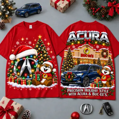 Buc-ee's Acura Christmas Cabin Car Print T-Shirt For Festive Winter Road Trips NDN Red