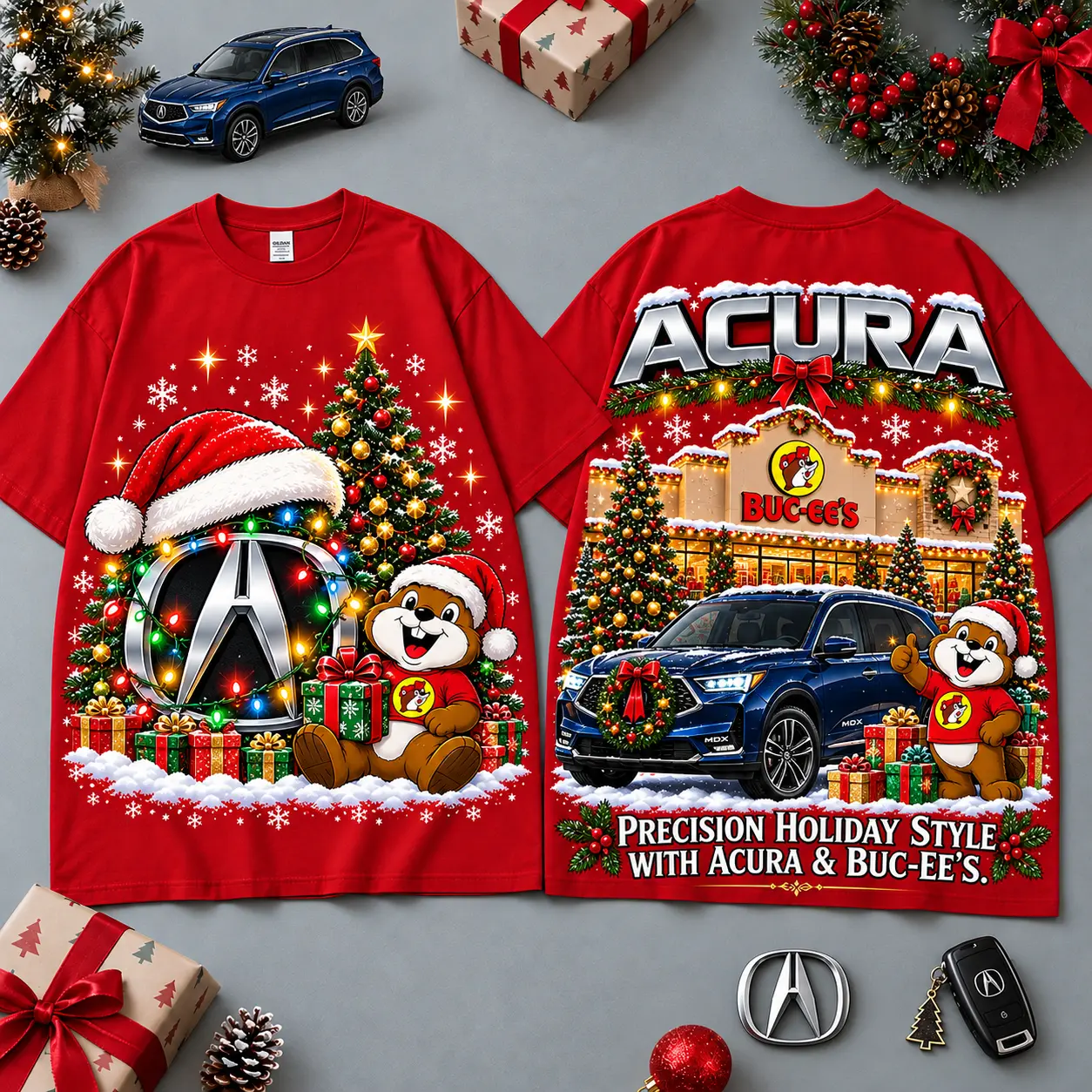 Buc-ee's Acura Christmas Cabin Car Print T-Shirt For Festive Winter Road Trips NDN Red