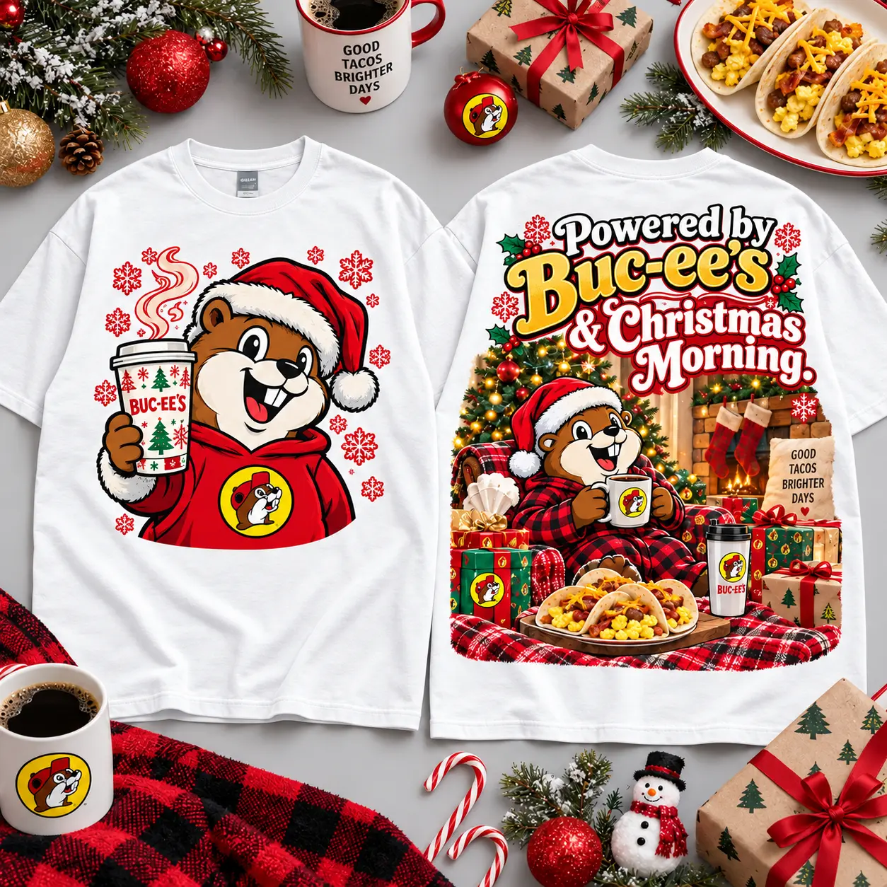 Buc-ee's Powered By Christmas Morning Breakfast Design All Over Print T-Shirt For Festive Holiday Road Trips NDN White