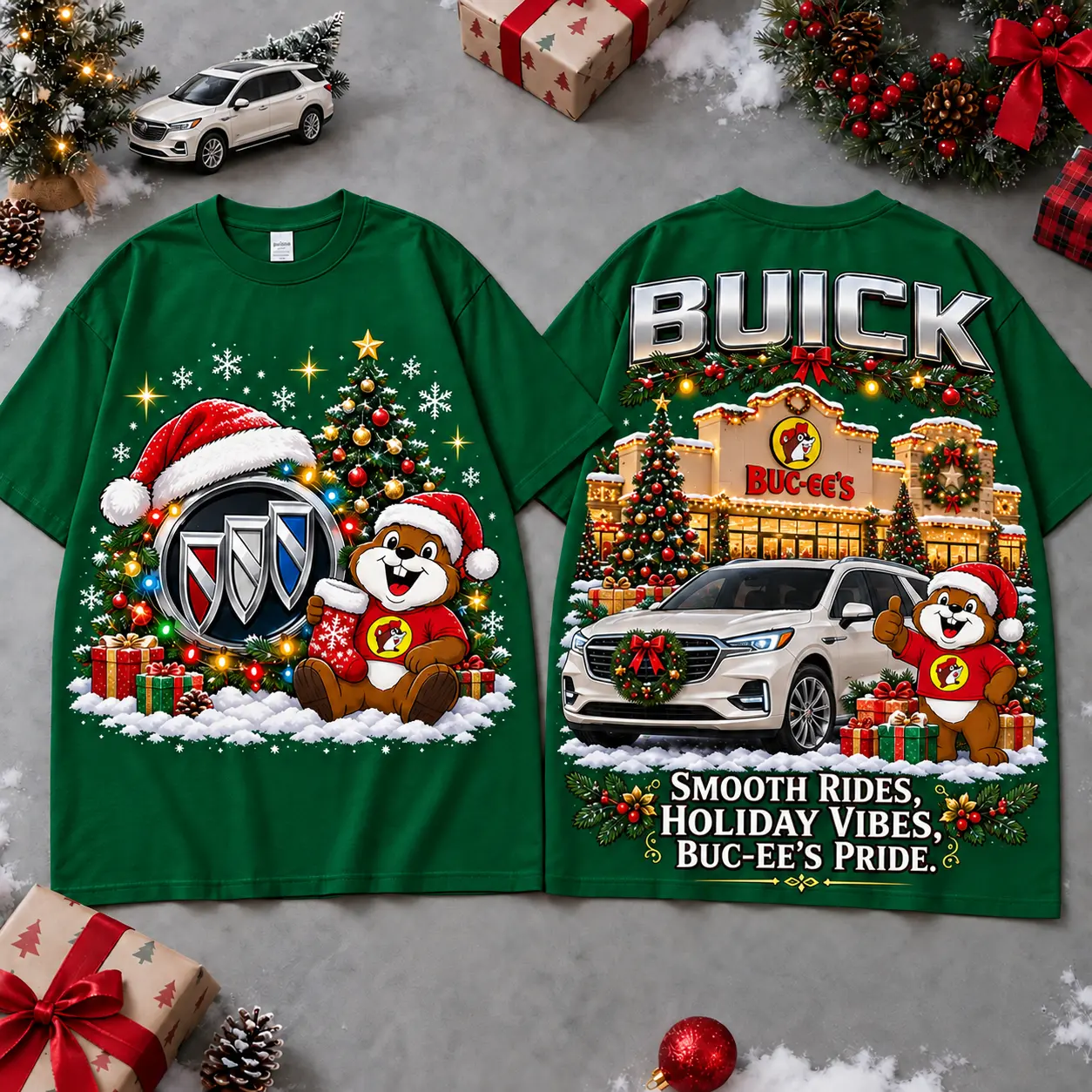 Buc-ee's Buick Christmas Cabin Car Print T-Shirt For Festive Winter Road Trips NDN Green