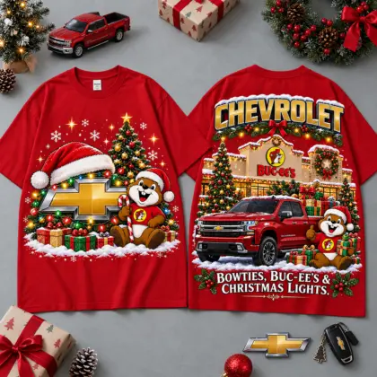 Buc-ee's Chevrolet Christmas Cabin Car Print T-Shirt For Festive Winter Road Trips NDN Red