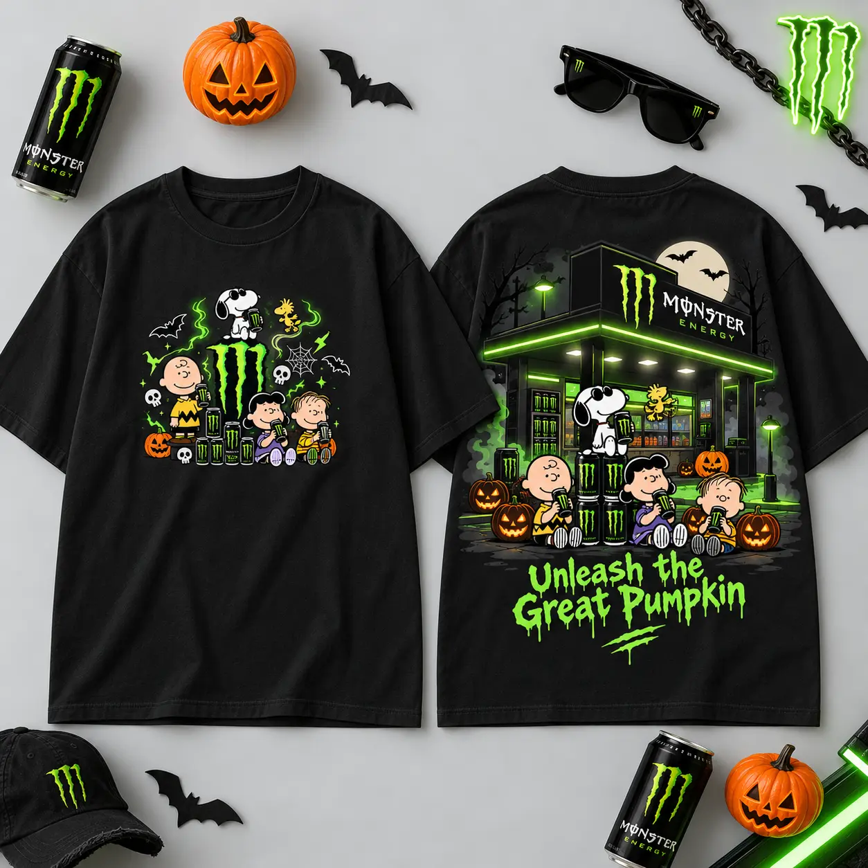 Monster Energy Peanuts Great Pumpkin Halloween 3D Shirt For Snoopy Fans After Dark NDN flat