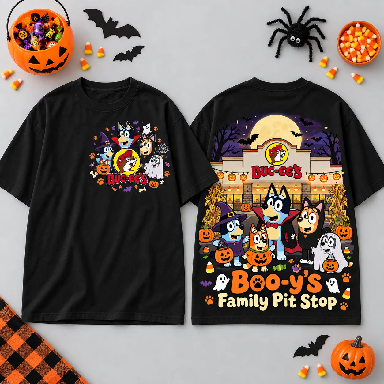Buc-ee's Bluey Family Pit Stop Halloween 3D Shirt For Pumpkin Season Road Trips NDN flat