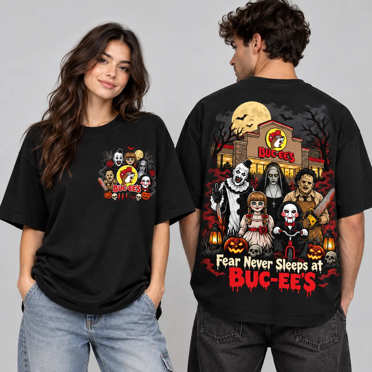 Buc-ee's Fear Never Sleeps Horror 3D Shirt For Halloween Road Trips After Dark NDN worn