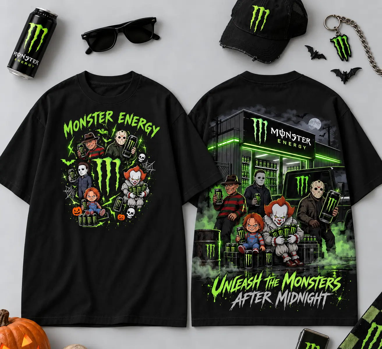 Monster Energy Horror Characters After Midnight 3D Shirt For Halloween Movie Night Fans NDN flat