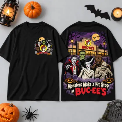 Buc-ee's Classic Monsters Pit Stop Halloween 3D Shirt For Moonlit Road Trip Adventures NDN flat
