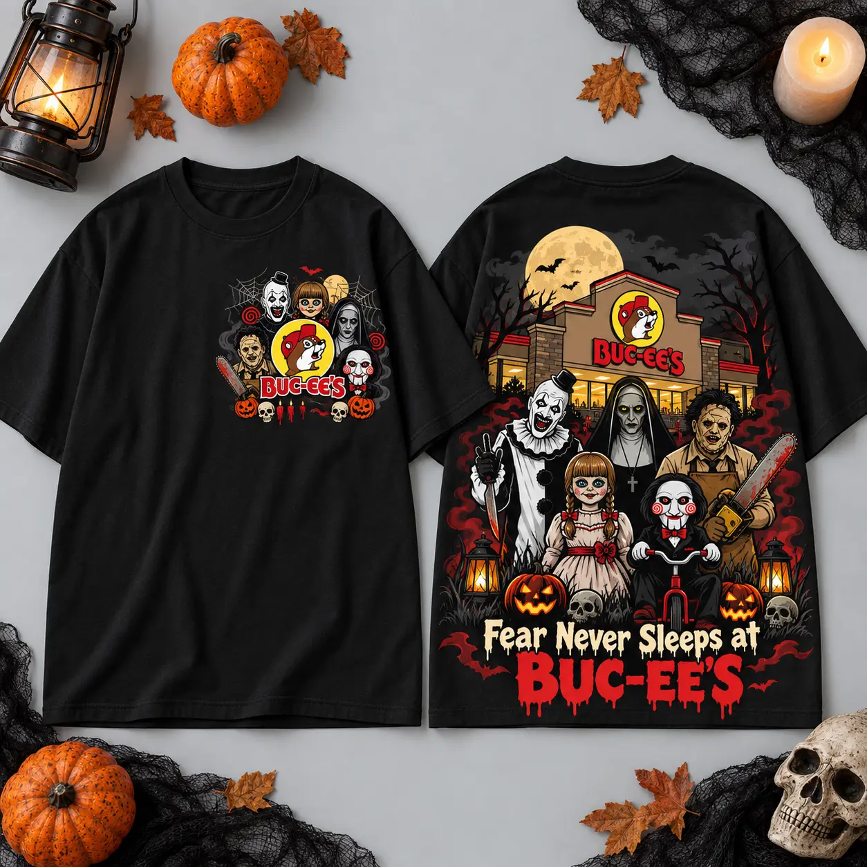 Buc-ee's Fear Never Sleeps Horror 3D Shirt For Halloween Road Trips After Dark NDN flat
