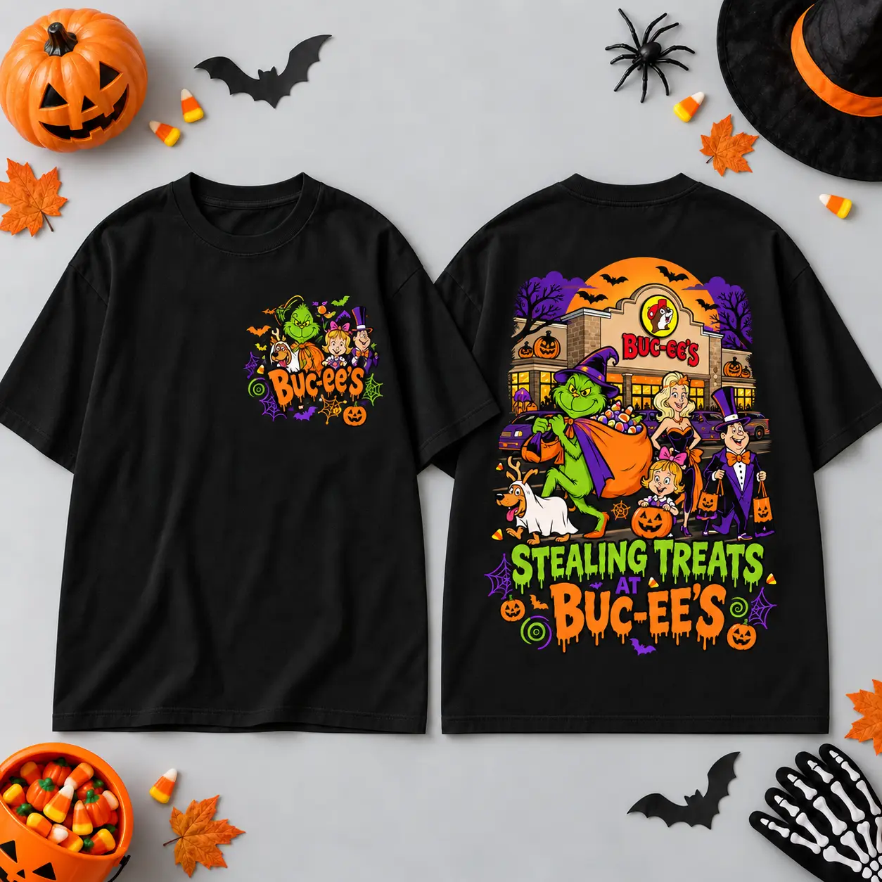 Buc-ee's Grinch Stealing Treats Halloween 3D Shirt For Mischievous Autumn Road Trip Nights NDN flat
