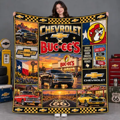 Buc-ee's Chevrolet Sunset Trucks Texas Fleece Blanket For Checkered Road Trip Fans NDN flat