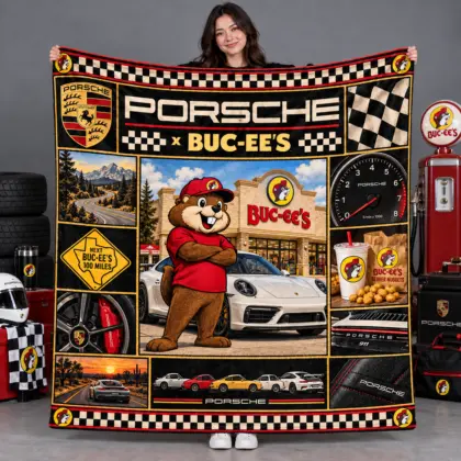 Buc-ee's Porsche White Car Checkered Fleece Blanket For Racing Road Trip Fans NDN flat