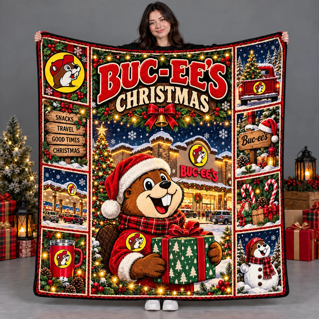 Buc-ee's Christmas Roadside Cheer Fleece Blanket for Cozy Holiday Nights and Beaver Fans NDN flat