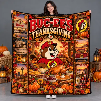 Buc-ee's Thanksgiving Gather and Give Thanks Fleece Blanket for Warm Family Road Trips NDN flat