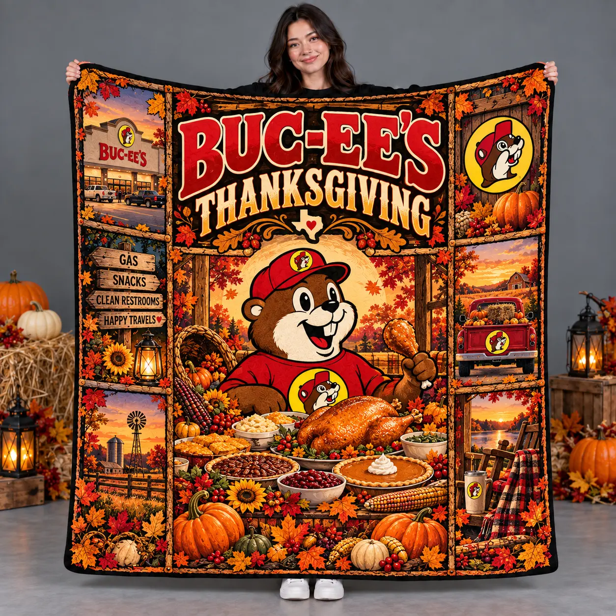 Buc-ee's Thanksgiving Gather and Give Thanks Fleece Blanket for Warm Family Road Trips NDN flat