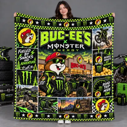 Buc-ee's Monster Energy Neon Green Claw Fleece Blanket For Racing Beaver Fans NDN flat