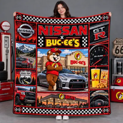 Buc-ee's Nissan GT-R Checkered Collage Fleece Blanket For Racing Road Trip Fans NDN flat