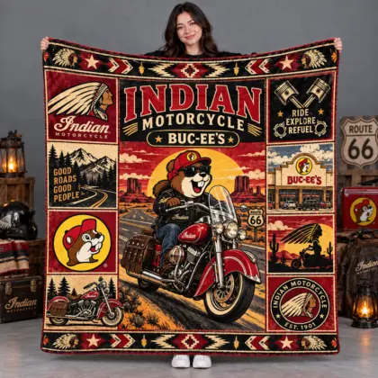 Buc-ee's Indian Motorcycle Vintage Cruiser Fleece Blanket For Route 66 Sunset Rides NDN flat