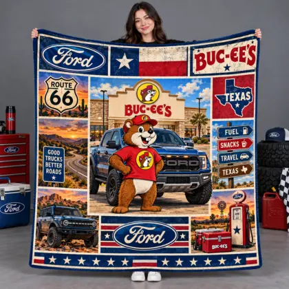 Buc-ee's Ford Texas Flag Blue Truck Fleece Blanket For Route 66 Road Trip Fans NDN flat