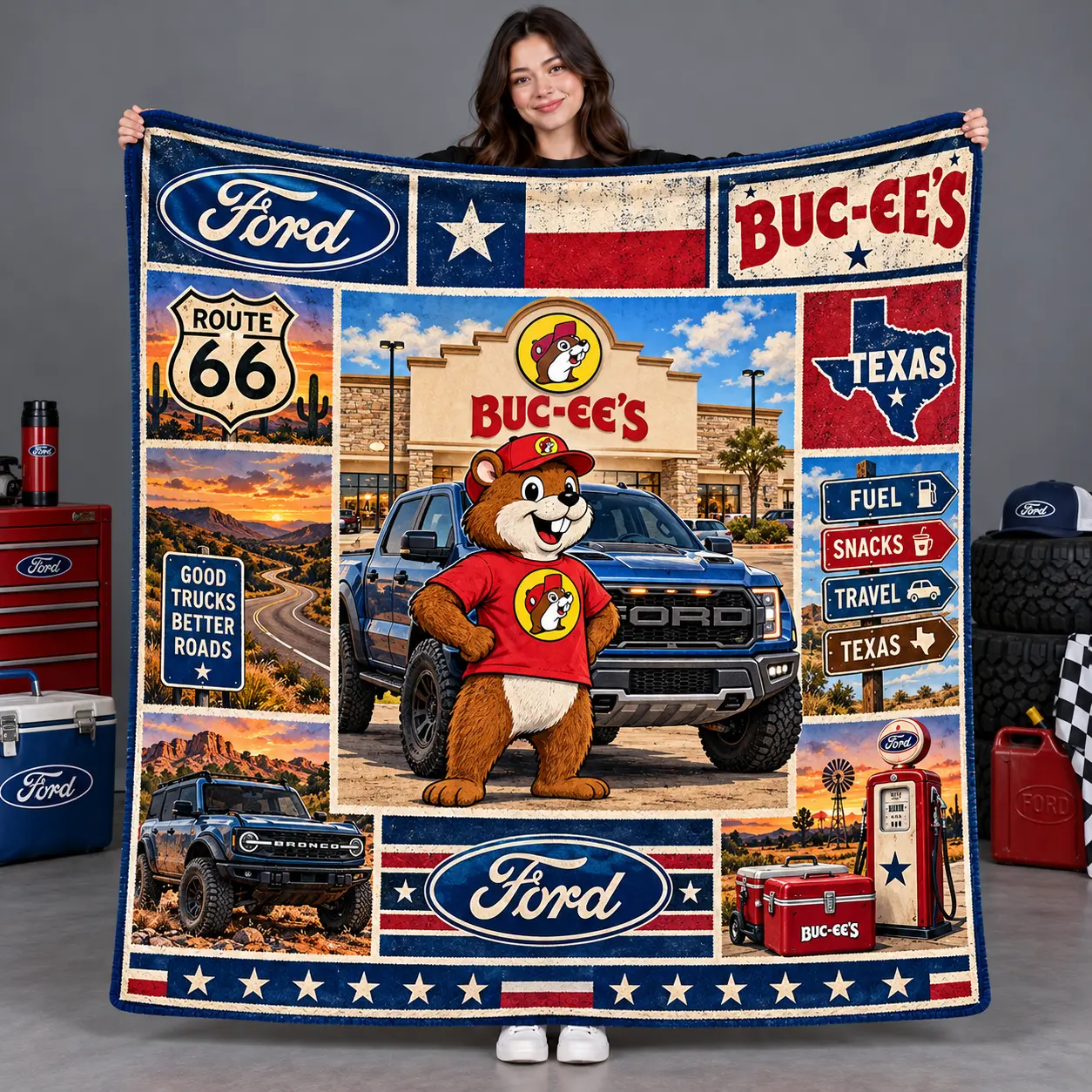 Buc-ee's Ford Texas Flag Blue Truck Fleece Blanket For Route 66 Road Trip Fans NDN flat