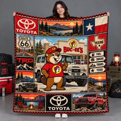Buc-ee's Toyota Texas Flag Trucks Fleece Blanket For Route 66 Sunset Road Fans NDN flat