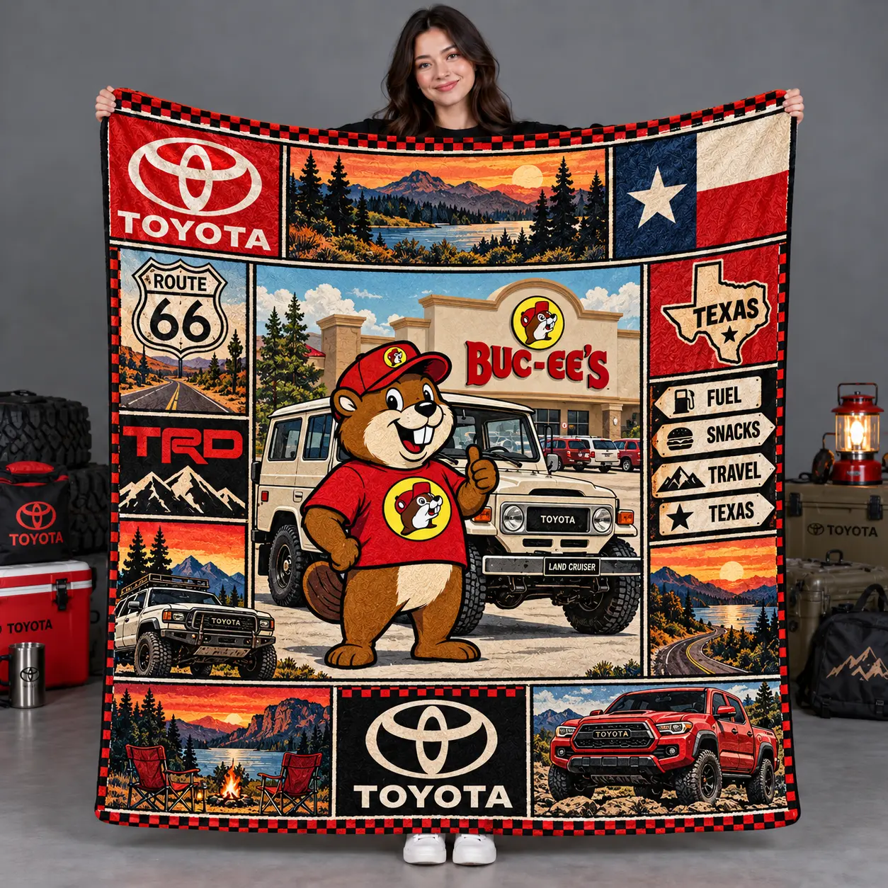 Buc-ee's Toyota Texas Flag Trucks Fleece Blanket For Route 66 Sunset Road Fans NDN flat