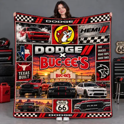 Buc-ee's Dodge HEMI Red Cars Texas Collage Fleece Blanket For Route 66 Road Trips NDN flat