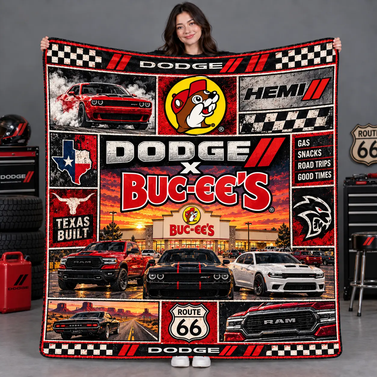 Buc-ee's Dodge HEMI Red Cars Texas Collage Fleece Blanket For Route 66 Road Trips NDN flat
