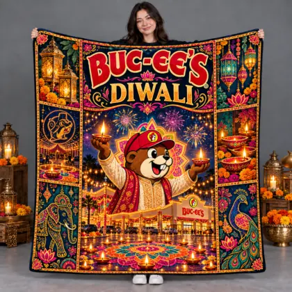 Buc-ee's Diwali Lights and Good Times Fleece Blanket for Bright Road Trip Celebrations NDN flat