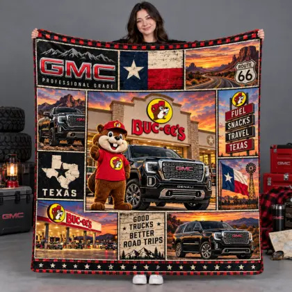 Buc-ee's GMC Texas Flag Black Trucks Fleece Blanket For Sunset Road Trip Fans NDN flat