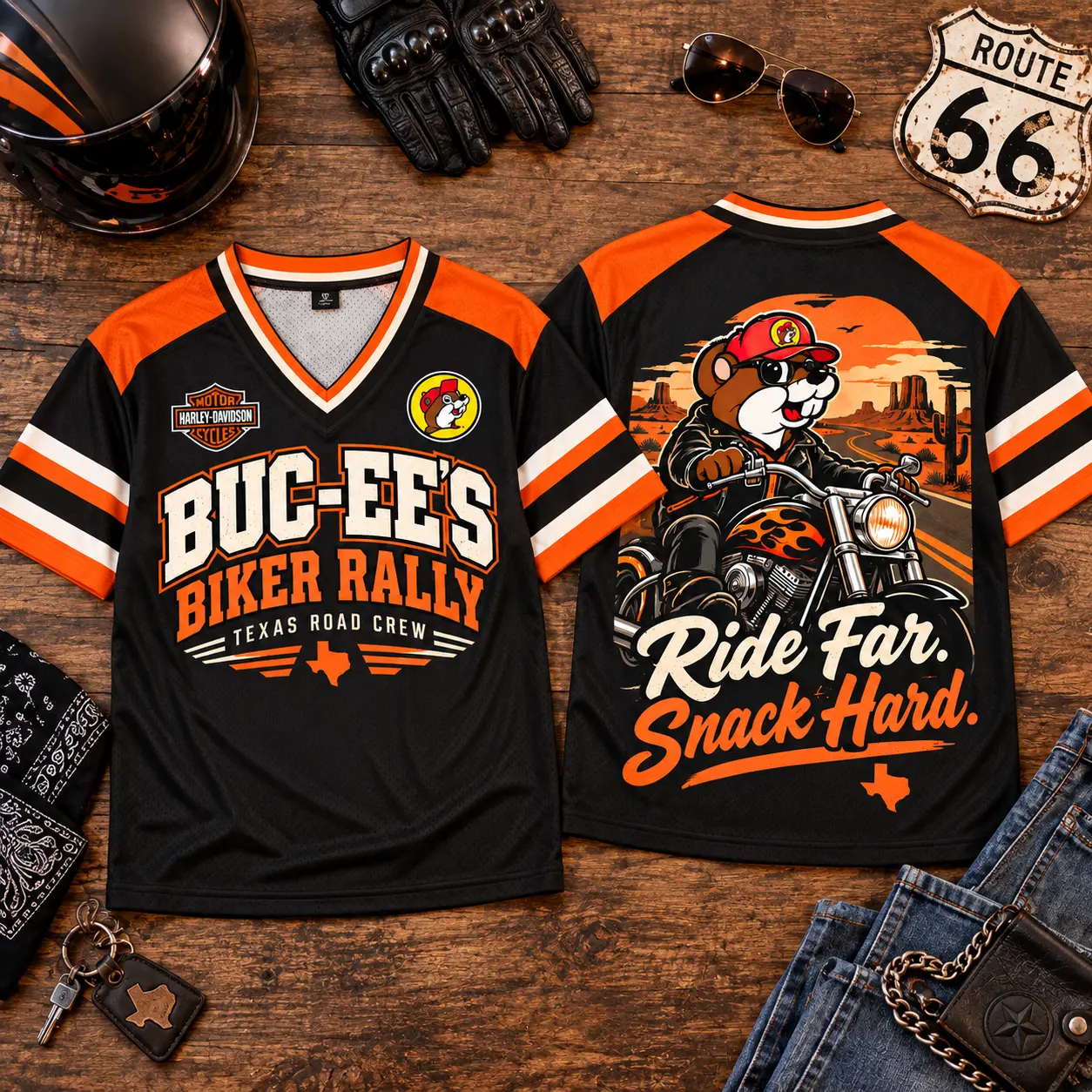 Buc-ee's Biker Rally Motorcycle V-Neck Baseball Jersey For Ride Far Snack Hard Fans NDN flat
