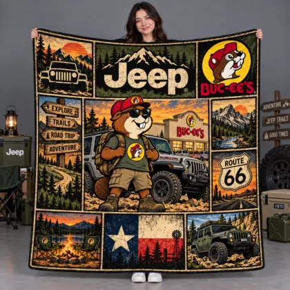 Buc-ee's Jeep Green Off-Road Texas Fleece Blanket For Route 66 Trail Ride Fans NDN flat
