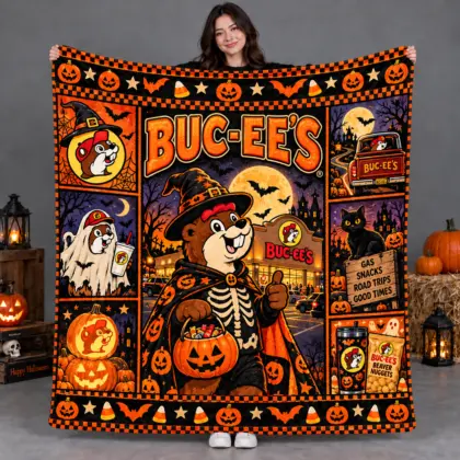 Buc-ee's Halloween Witch Beaver Pumpkin Fleece Blanket For Gas Snacks Road Trips NDN flat