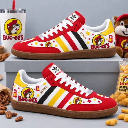 Buc-ee's Woodland Camo Beaver Mascot Logo Adidas Samba OG Graphic Shoes for Outdoor Road Trips NDN