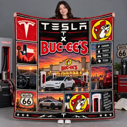 Buc-ee's Tesla White Cars Texas Collage Fleece Blanket For Route 66 Road Trips NDN flat