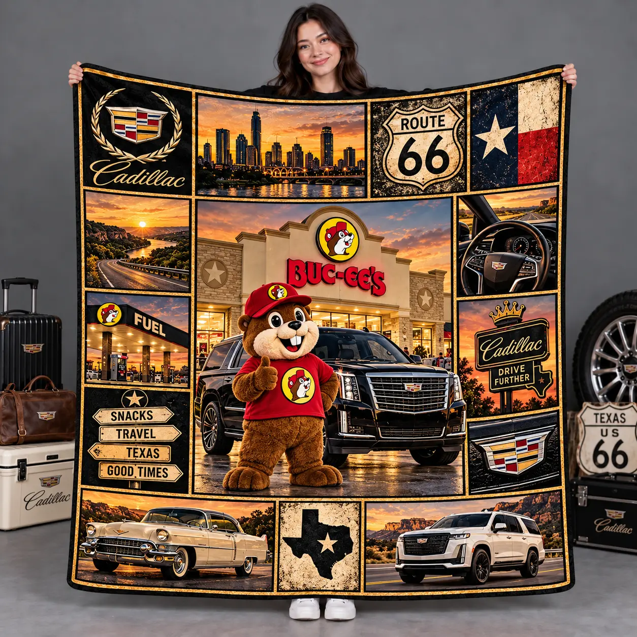 Buc-ee's Cadillac Black SUV Route 66 Fleece Blanket For Snacks Travel Good Times NDN flat