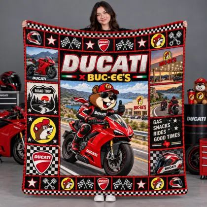 Buc-ee's Ducati Red Sportbike Beaver Fleece Blanket For Gas Snacks Rides Good Times NDN flat
