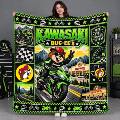 Buc-ee's Kawasaki Green Ninja Beaver Fleece Blanket For Checkered Mountain Ride Fans NDN flat
