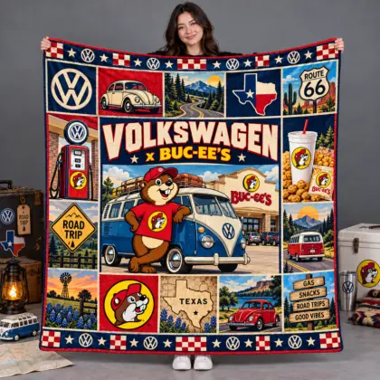 Buc-ee's Volkswagen Blue Bus Texas Fleece Blanket For Route 66 Road Trip Fans NDN flat