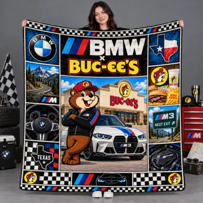 Buc-ee's BMW M Checkered White Car Fleece Blanket For Texas Racing Road Fans NDN flat